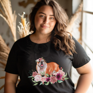 Black floral dog shirt with English bulldog in flowers