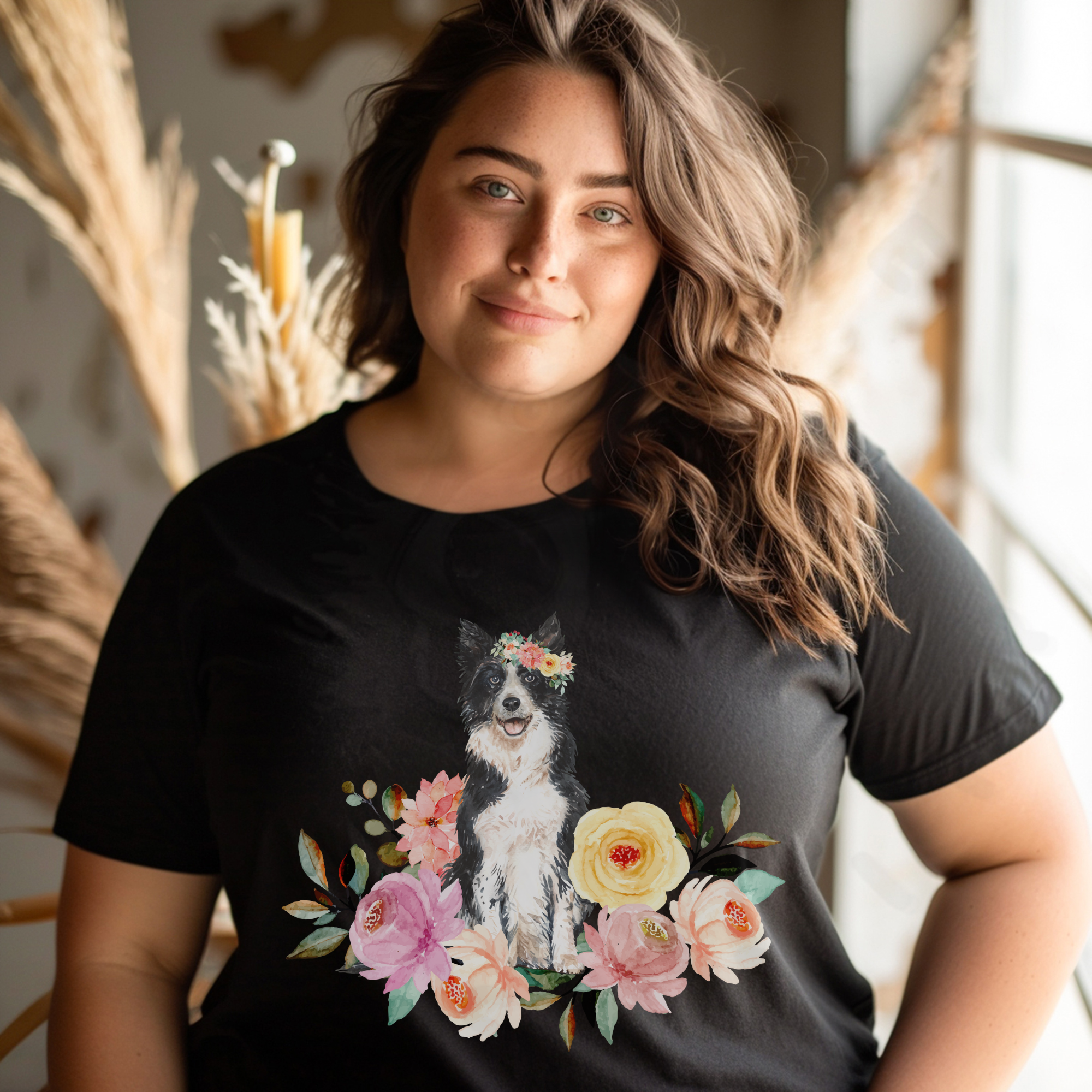 Black floral dog shirt with border collie and flowers.