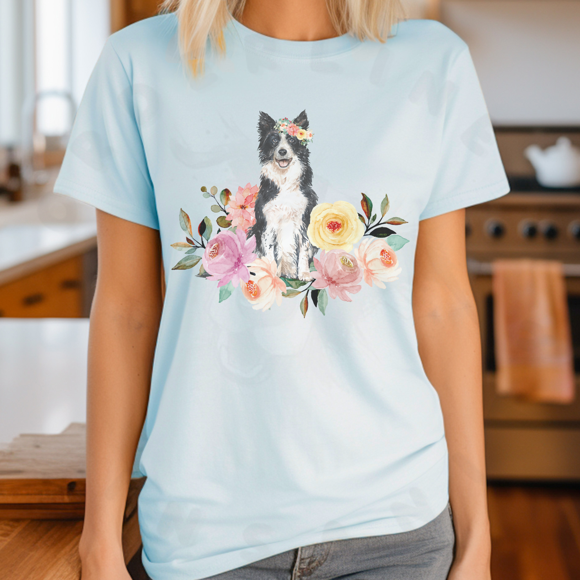 Light blue floral dog shirt with border collie and flowers.