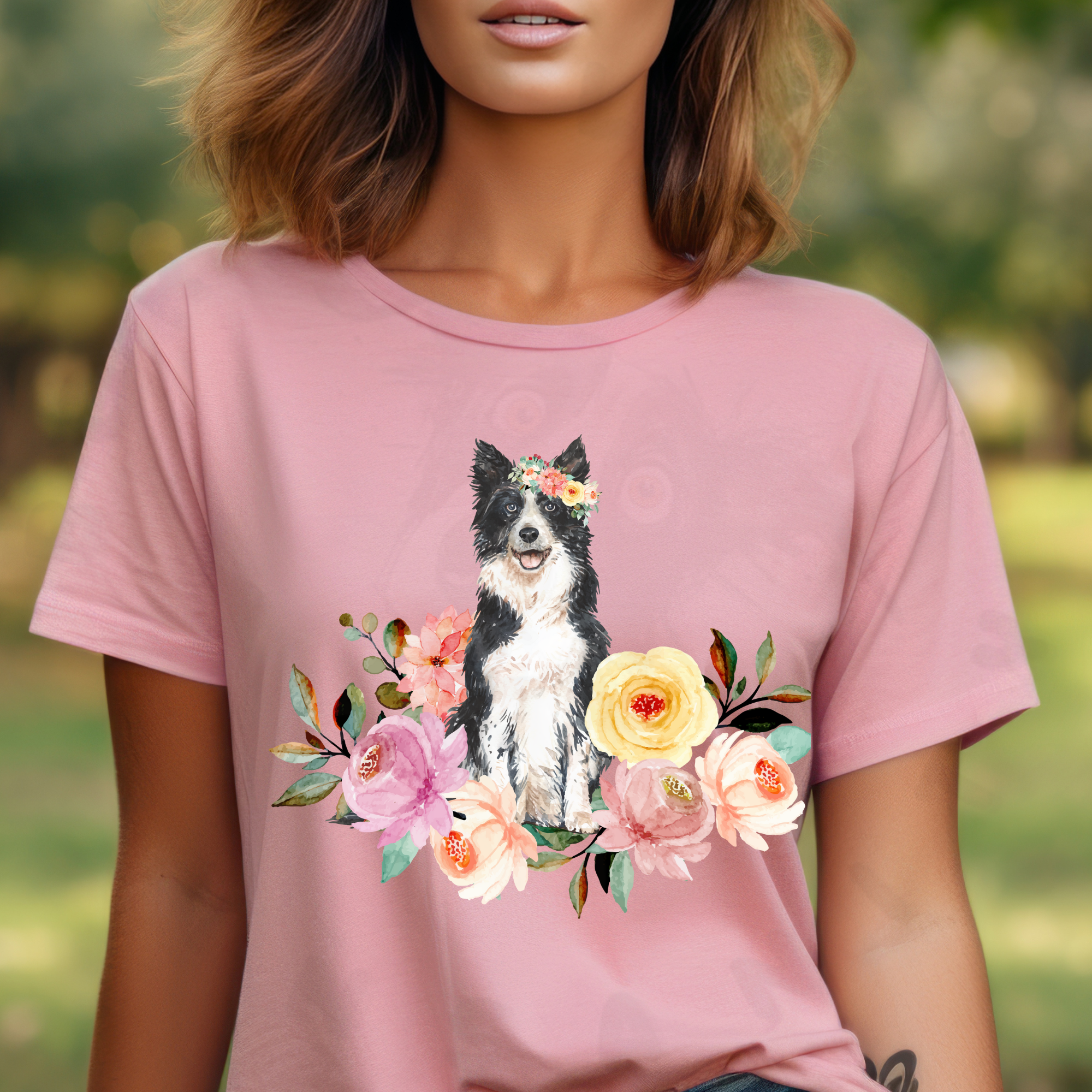 Pink floral dog shirt with border collie and flowers.