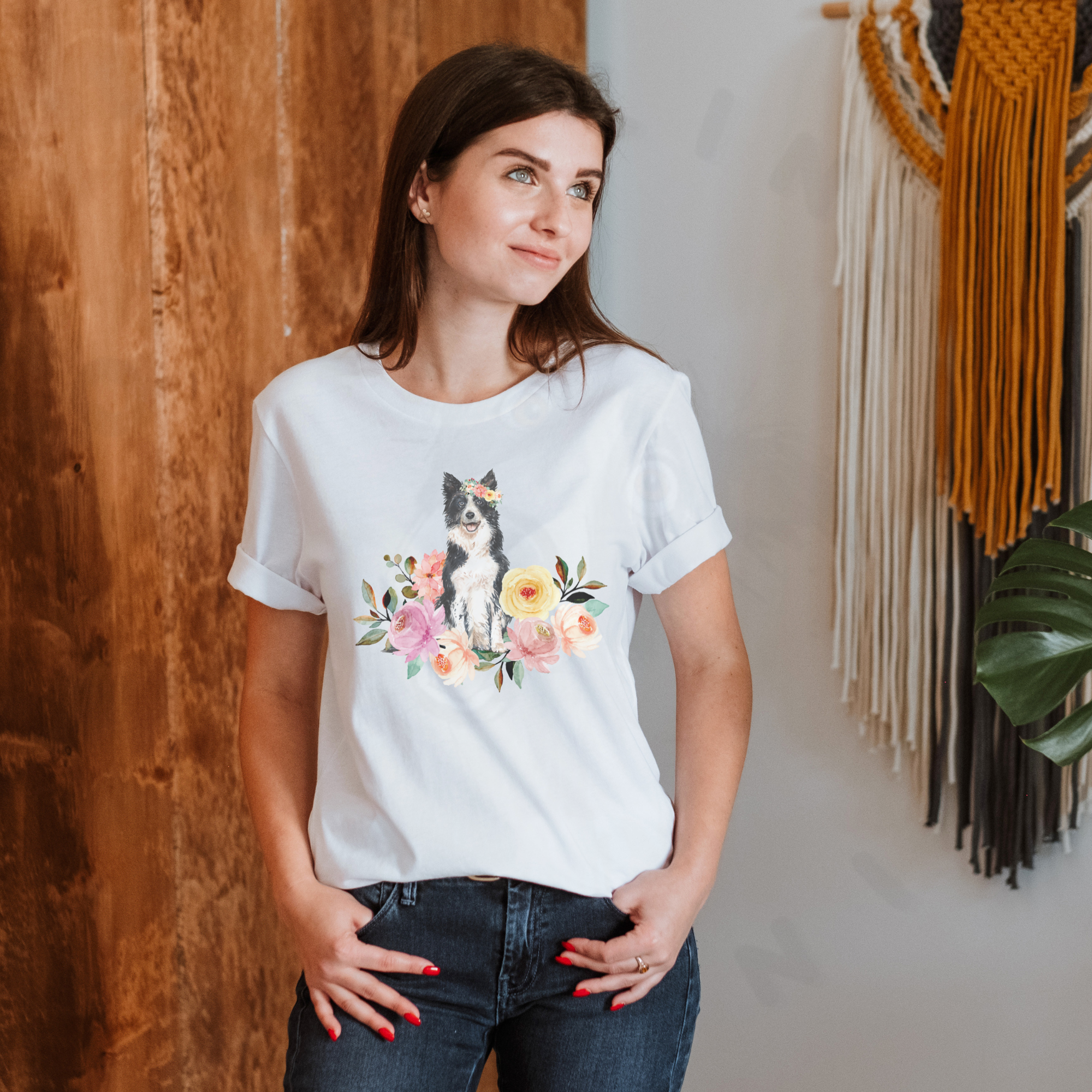 White floral dog shirt with border collie and flowers.