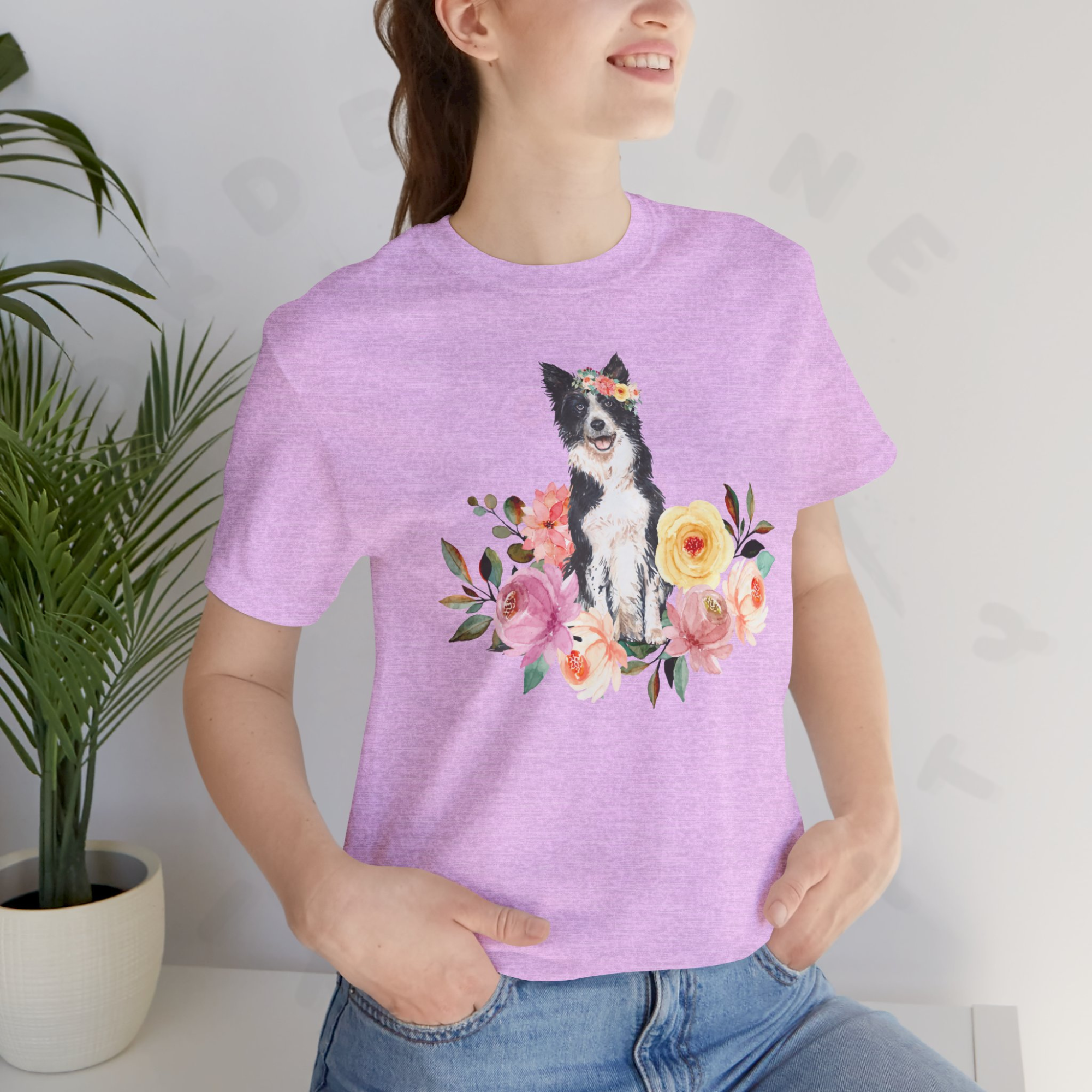 Lilac floral dog shirt with border collie and flowers.