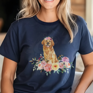 Heather navy floral dog shirt with golden retriever in flowers.