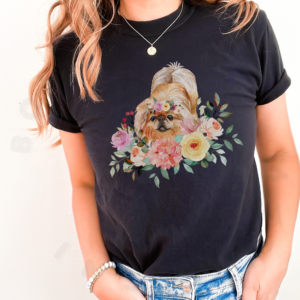 Black floral dog shirt with Pekingese in flowers.