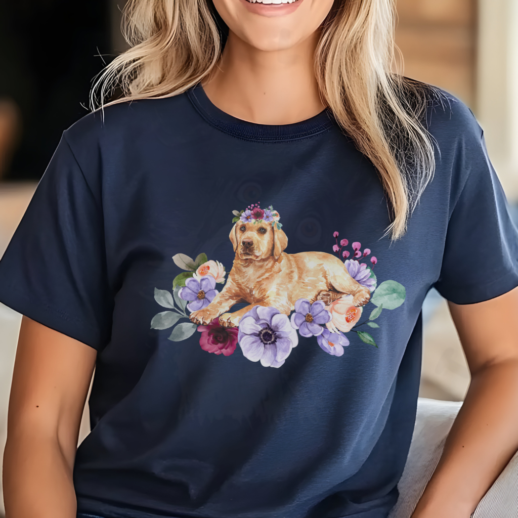 Navy floral dog shirt with yellow lab in flowers.