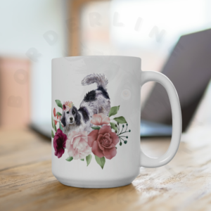 english setter floral ceramic mug with pink roses and watercolor flowers on desk in office setting