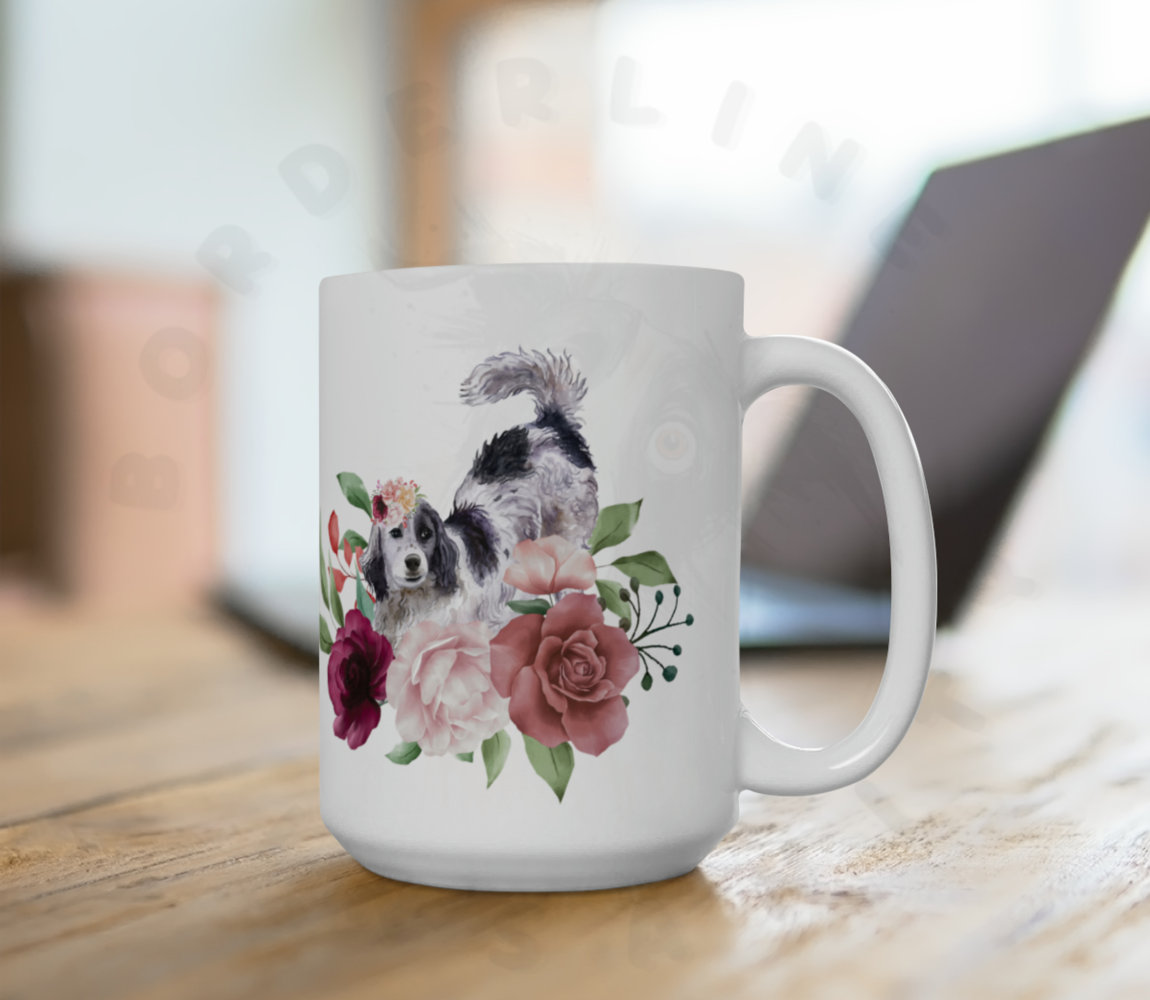 english setter floral ceramic mug with pink roses and watercolor flowers on desk in office setting