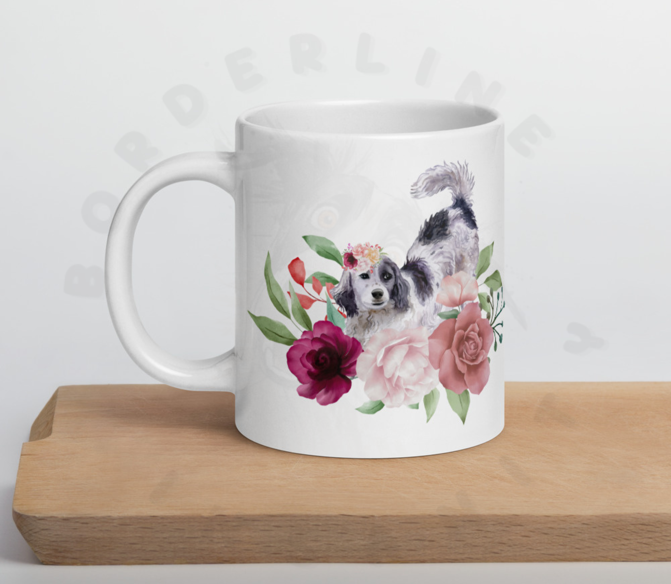 english setter floral ceramic mug with pink roses and watercolor flowers on a cutting board