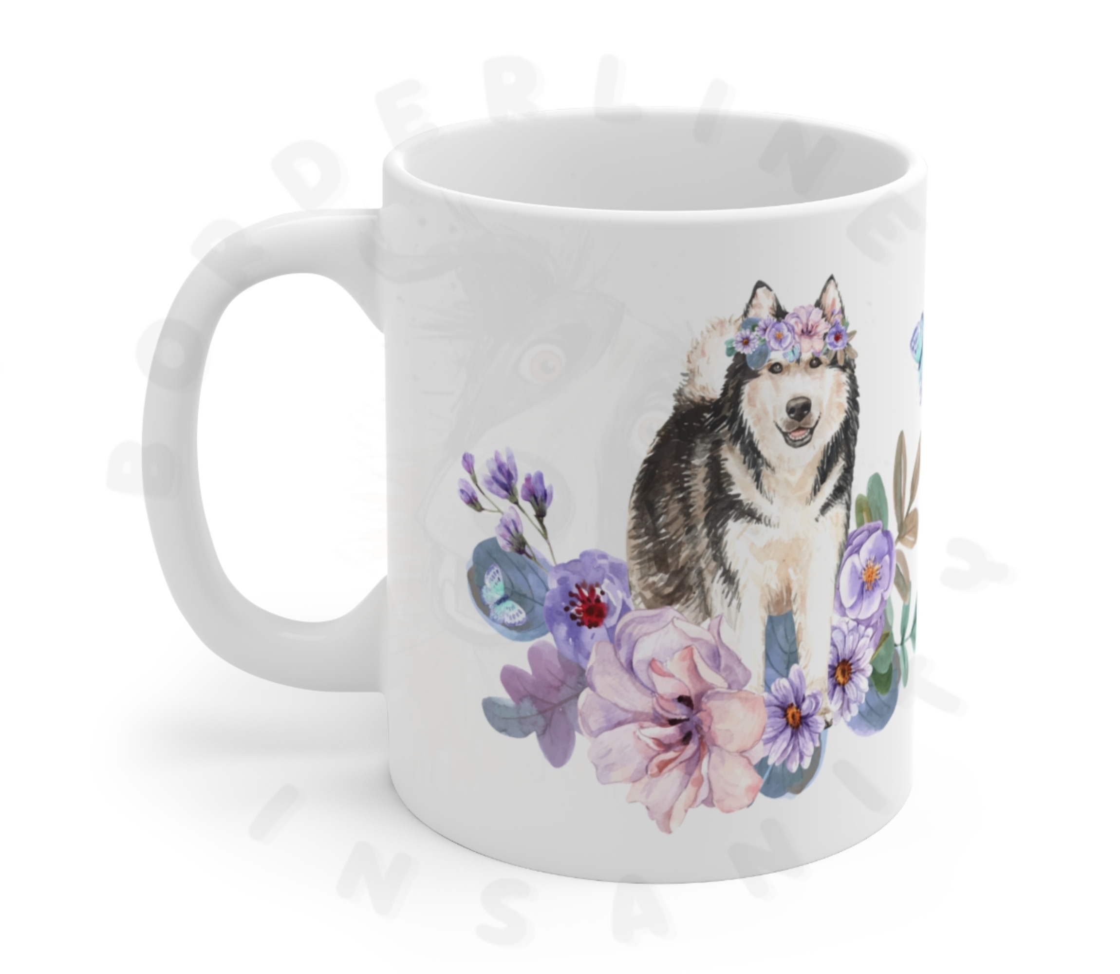 alaskan malamute in flowers mug in front of a white background