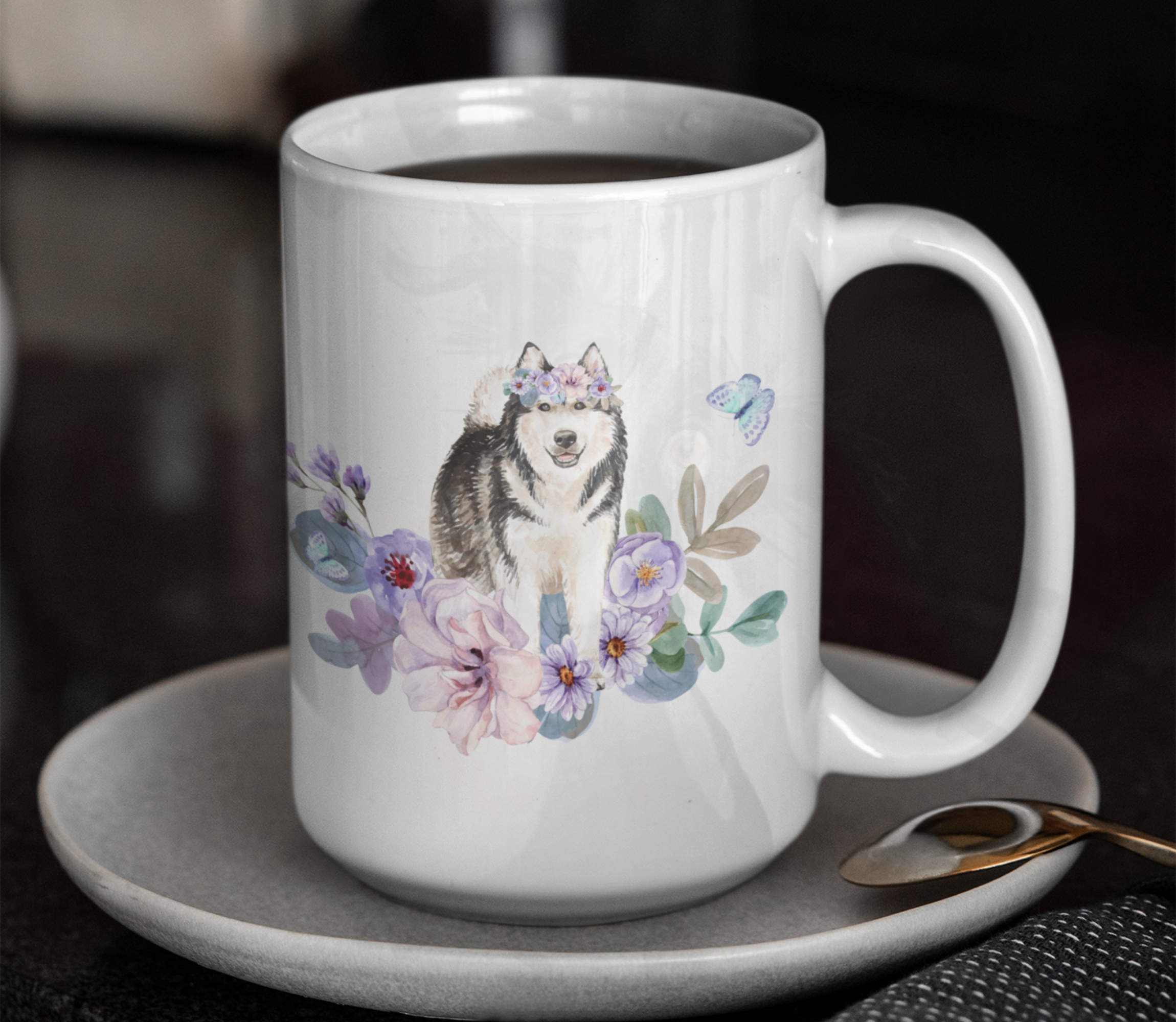 alaskan malamute in flowers mug on a saucer