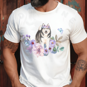 a man wearing a white tee with an alaskan malamute with flowers on it