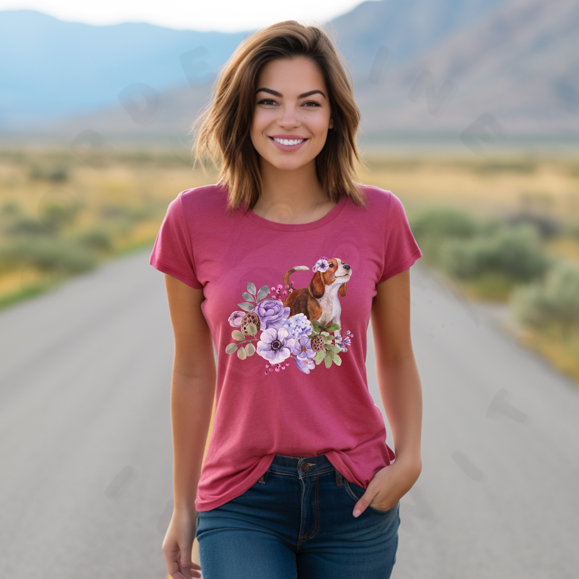a woman standing in the middle of a road wearing a beagle in flowers tee in heather raspberry