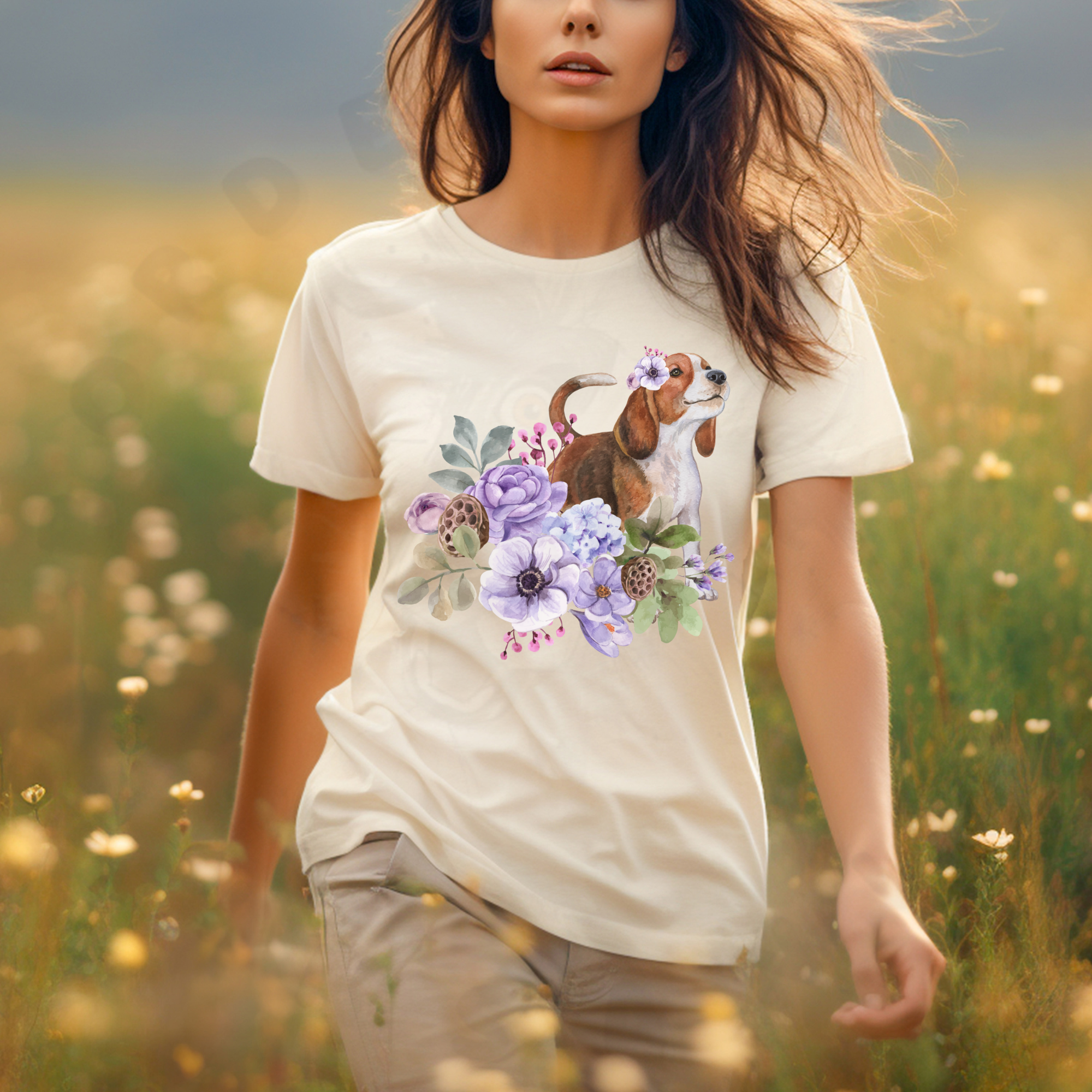 a woman in a field of wildflowers wearing an ivory (natural) beagle in flowers tee.