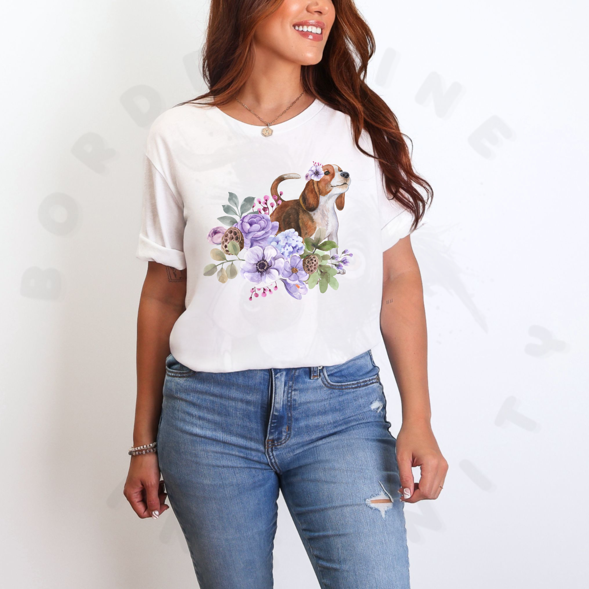 a woman wearing a white beagle in flowers tee in fromt of a white background