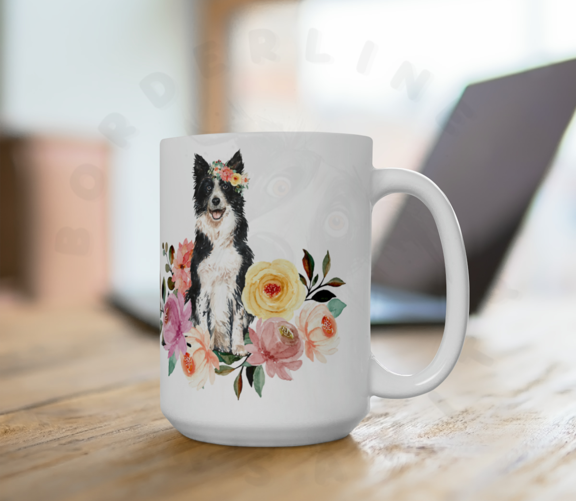 border collie in flowers mug on a desk in an office setting