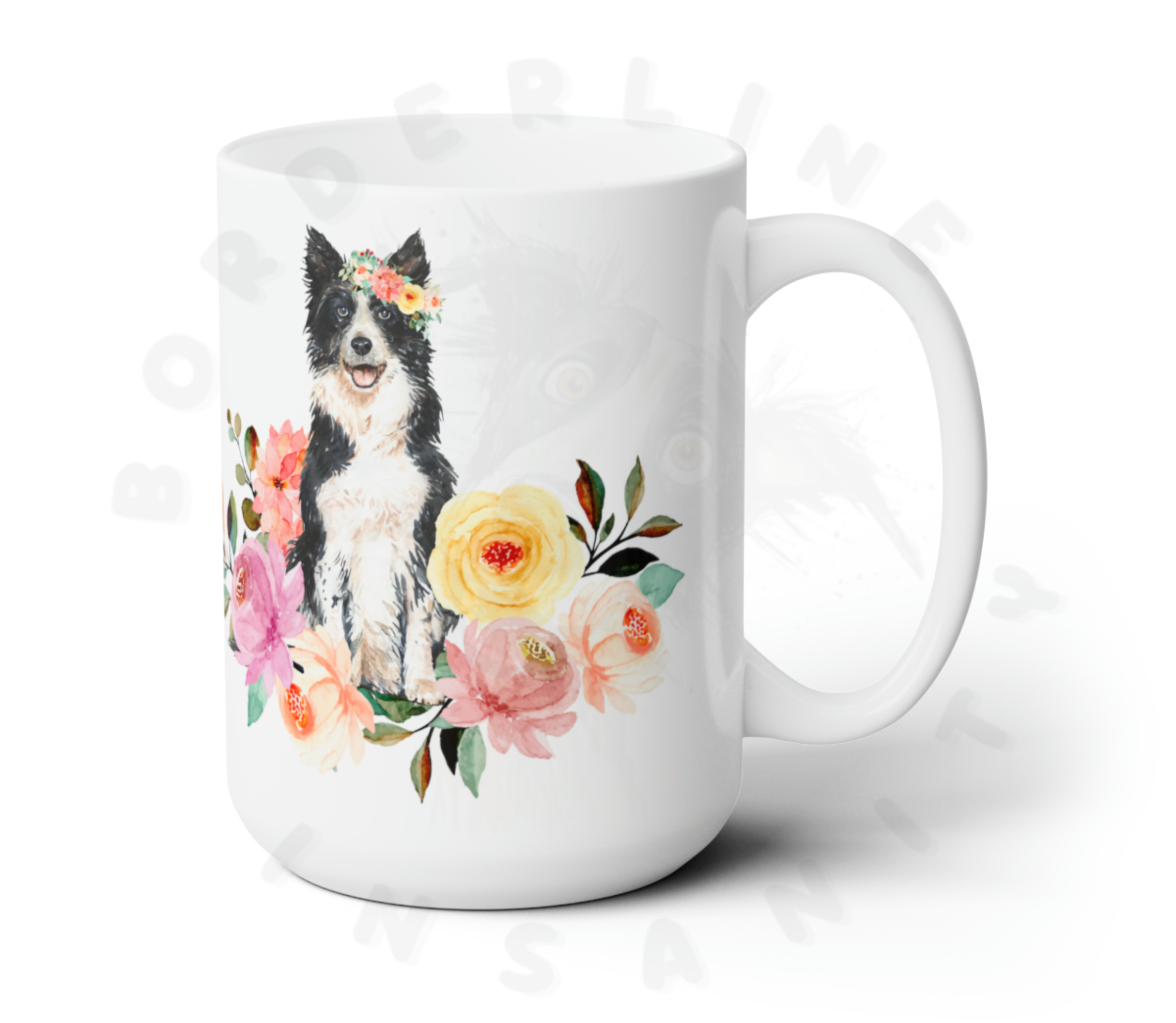 border collie in flowers mug in front of a white background