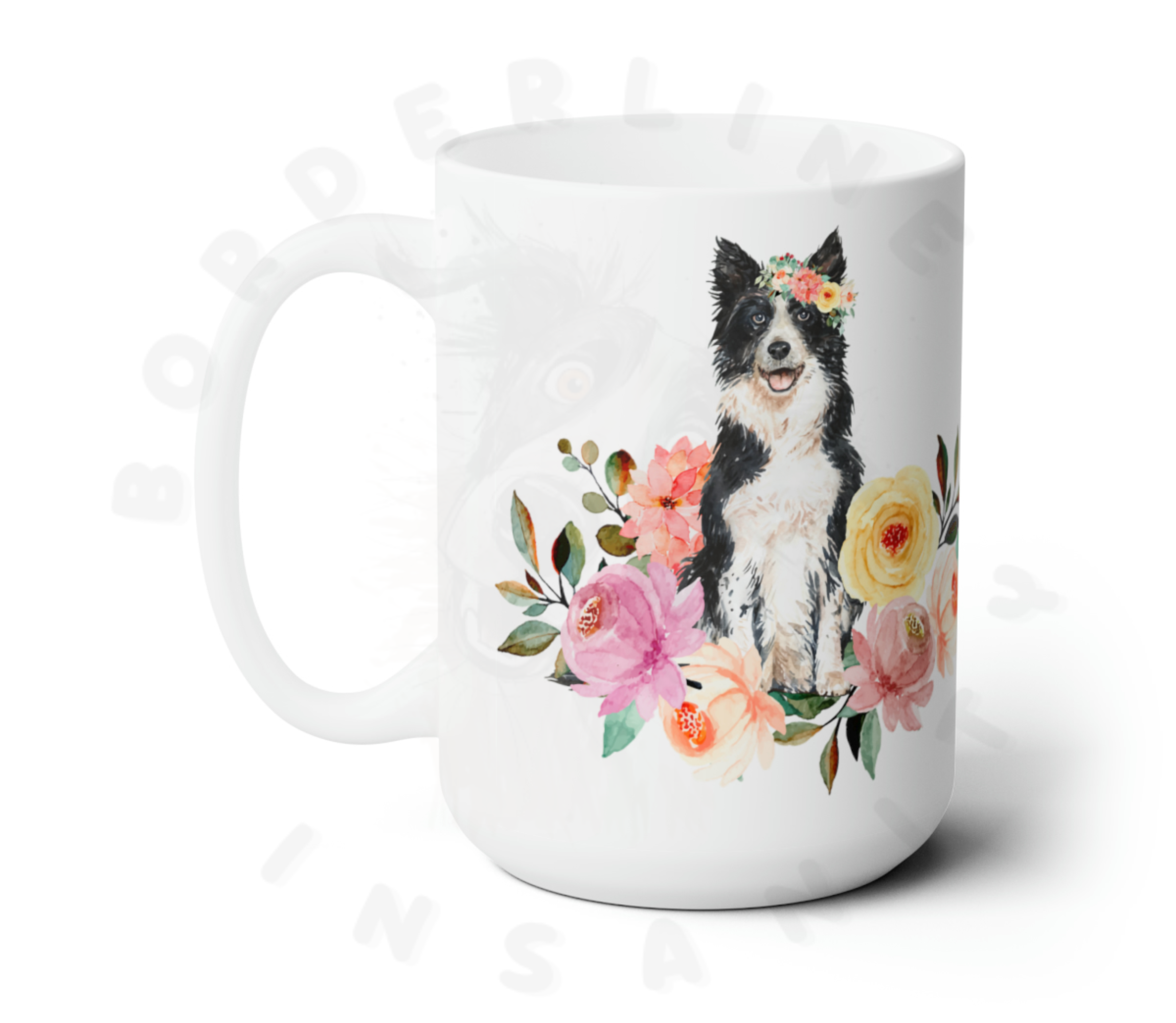 border collie in flowers mug in front of a white background
