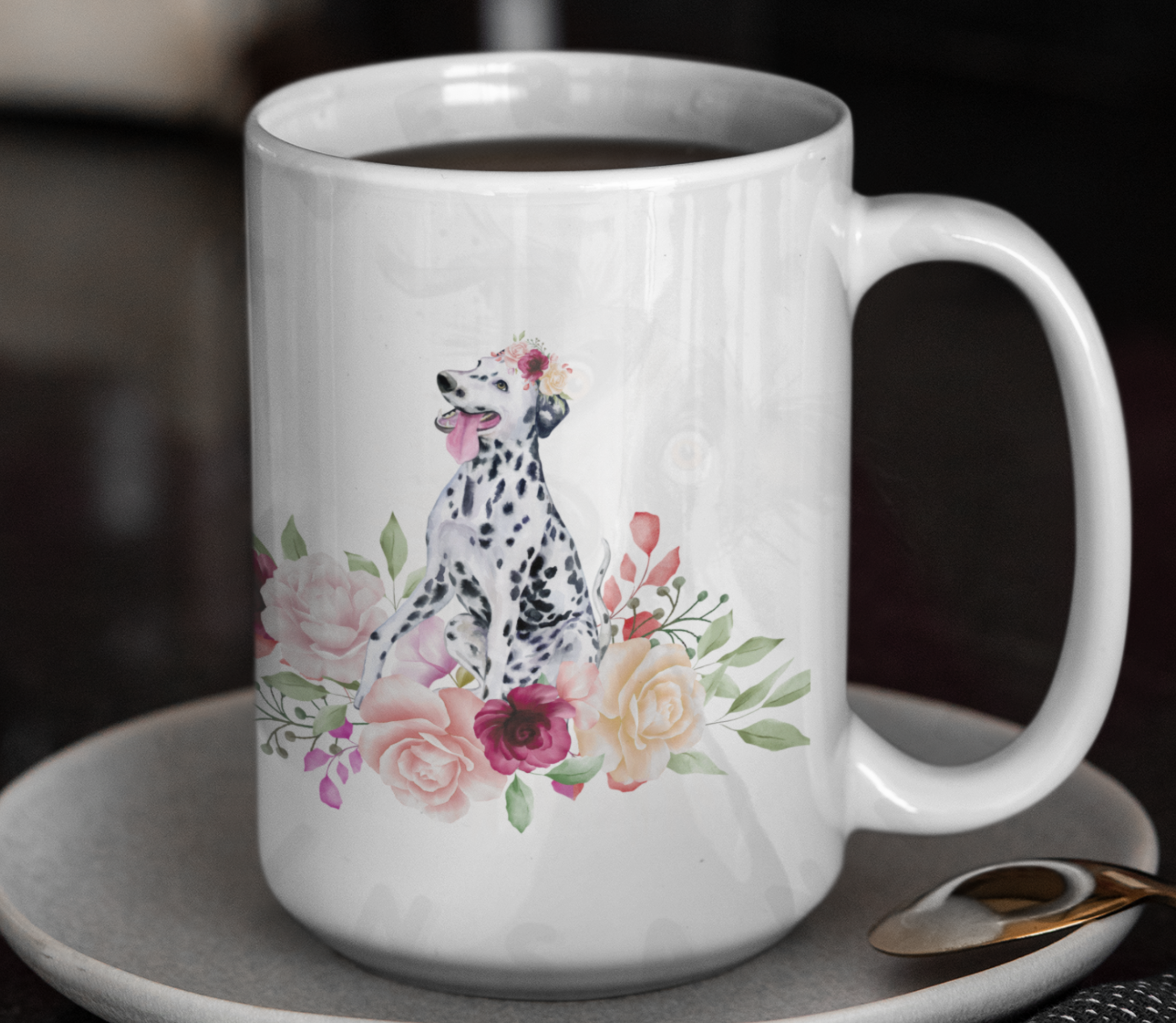 dalmatian in flowers mug on a saucer