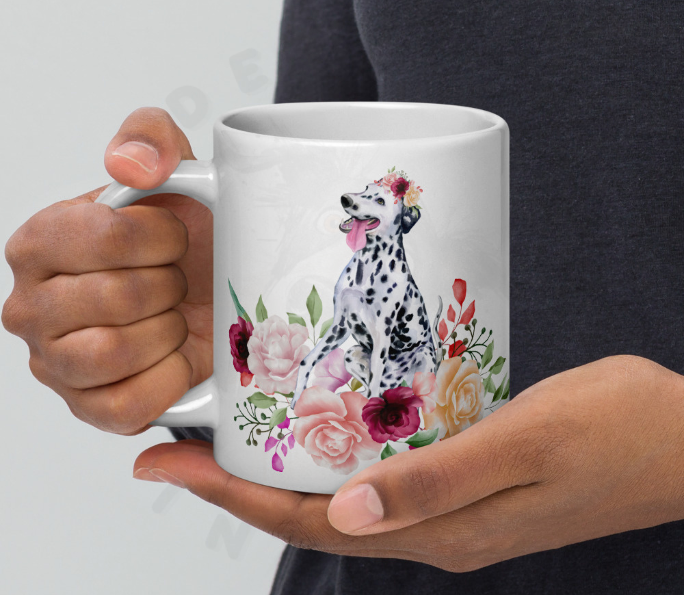 hands holding a dalmatian in flowers mug