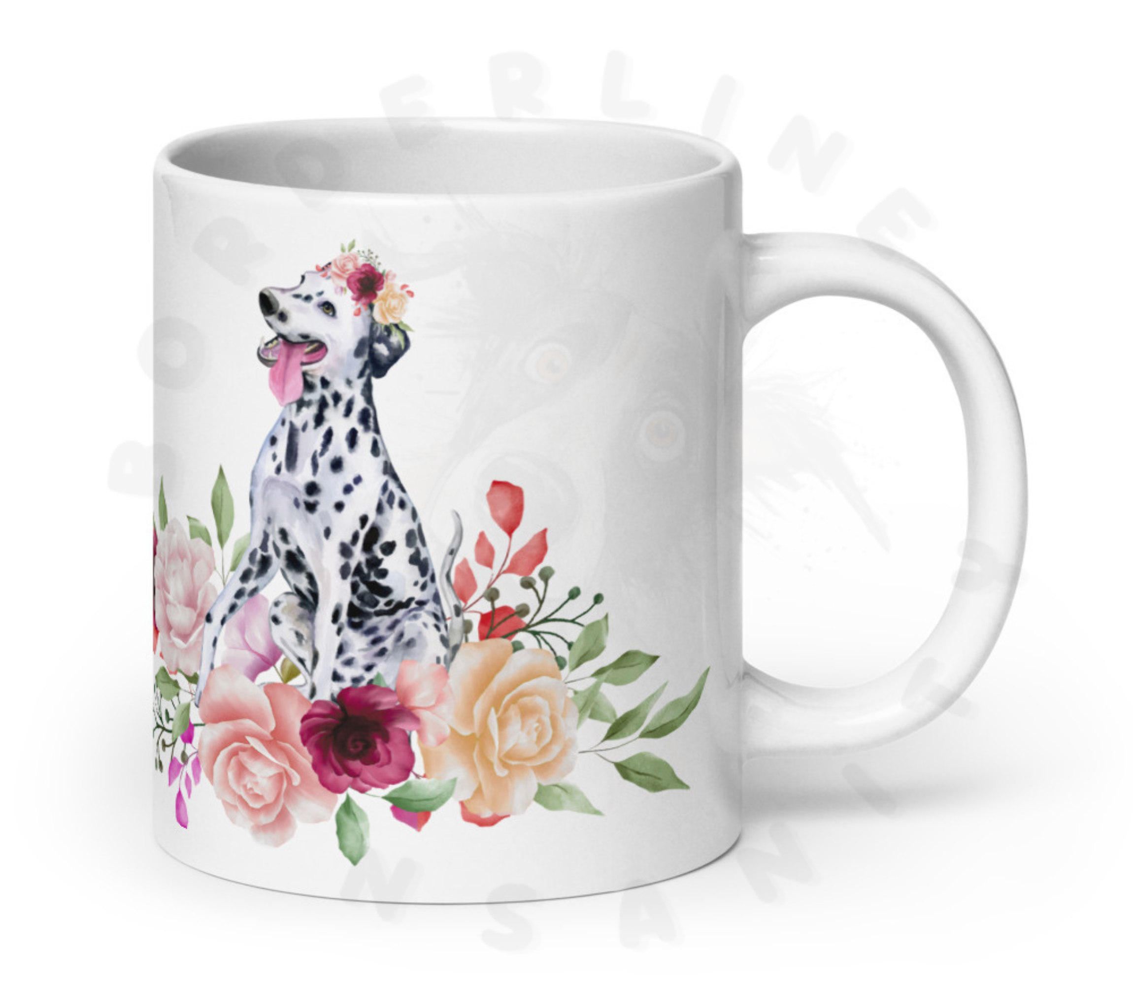 dalmatian in flowers mug in front of a white background