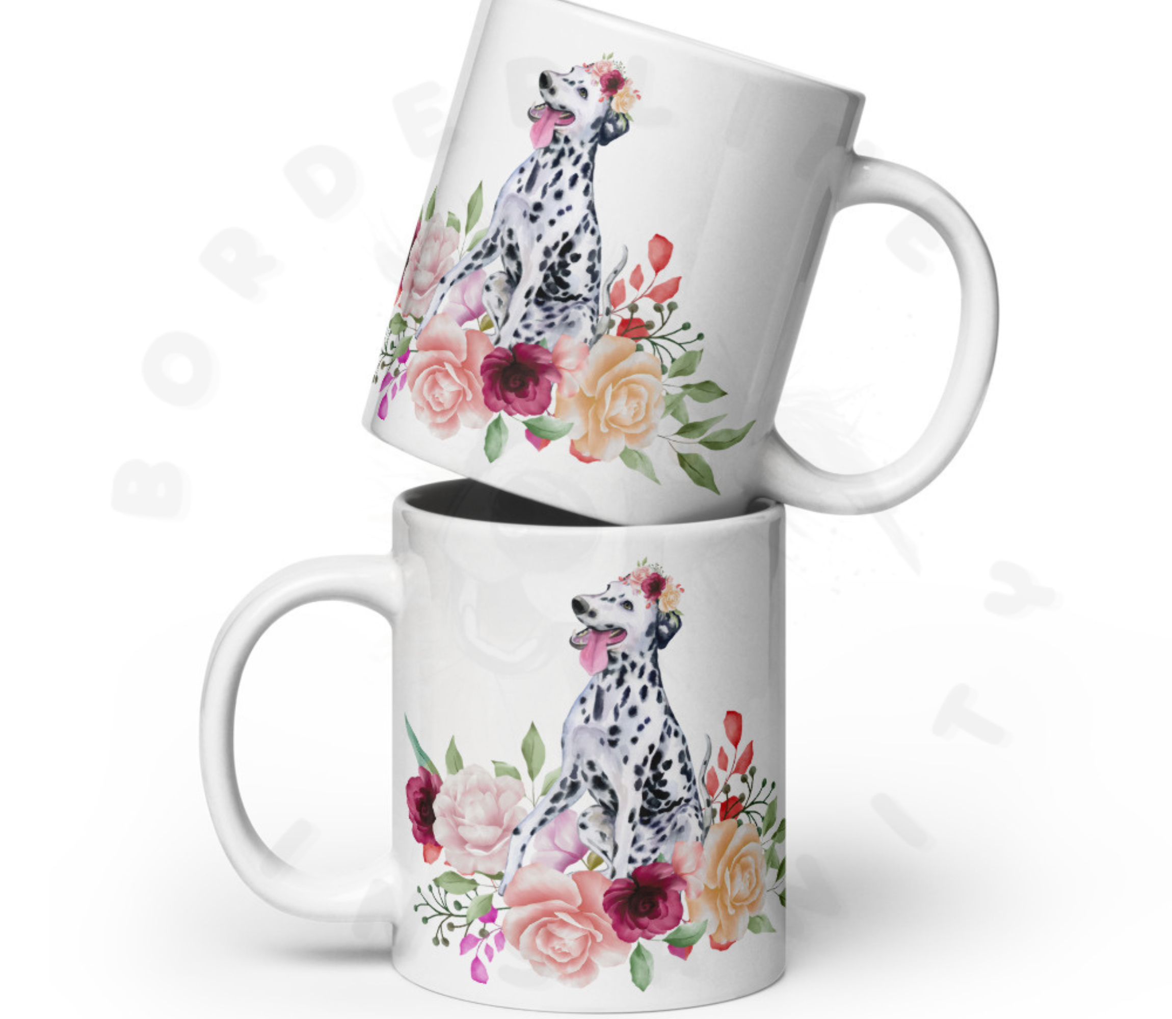 two dalmatian in flowers mugs stacked on top of each other