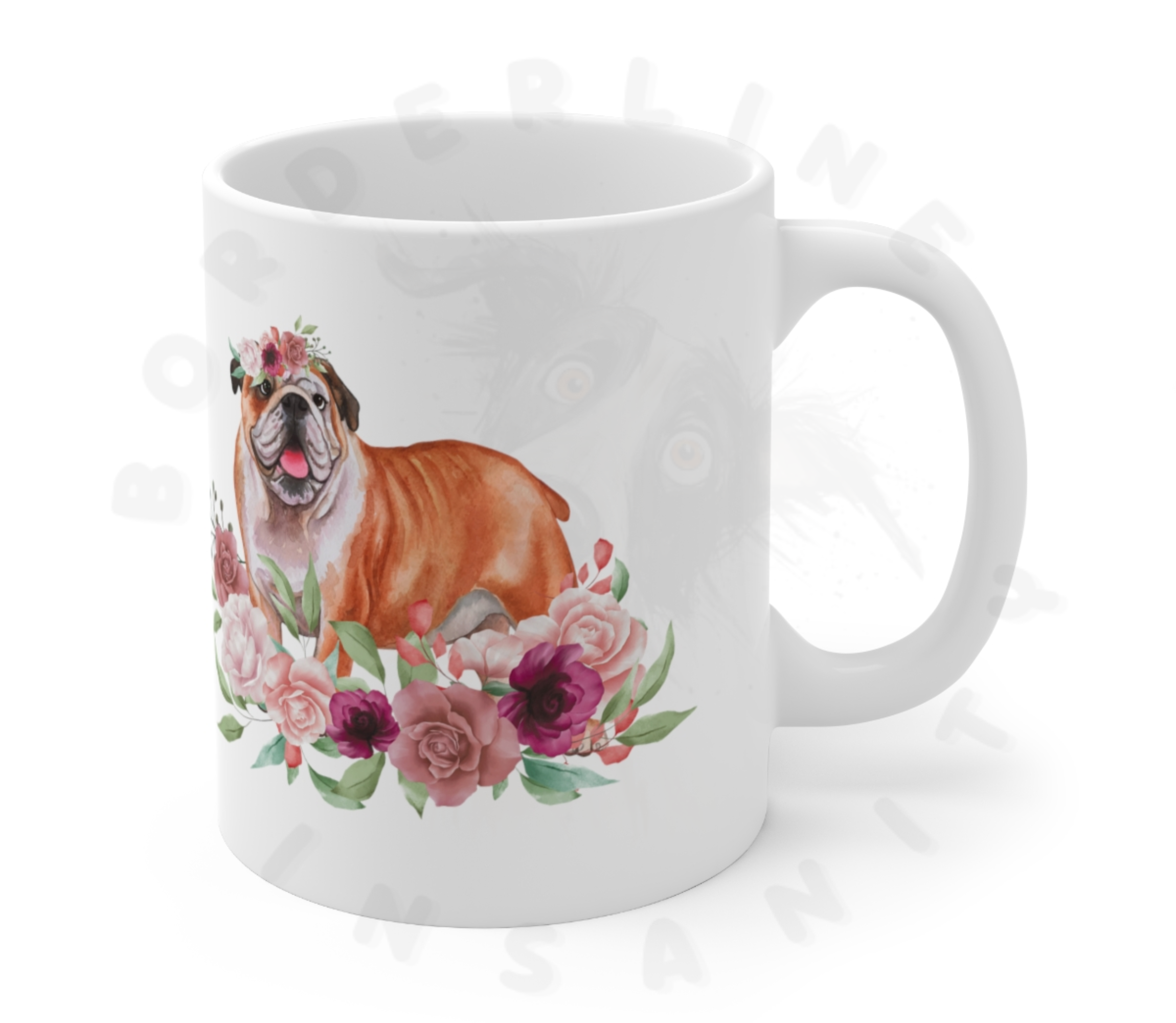 English bulldog in flowers mug in front of a white background