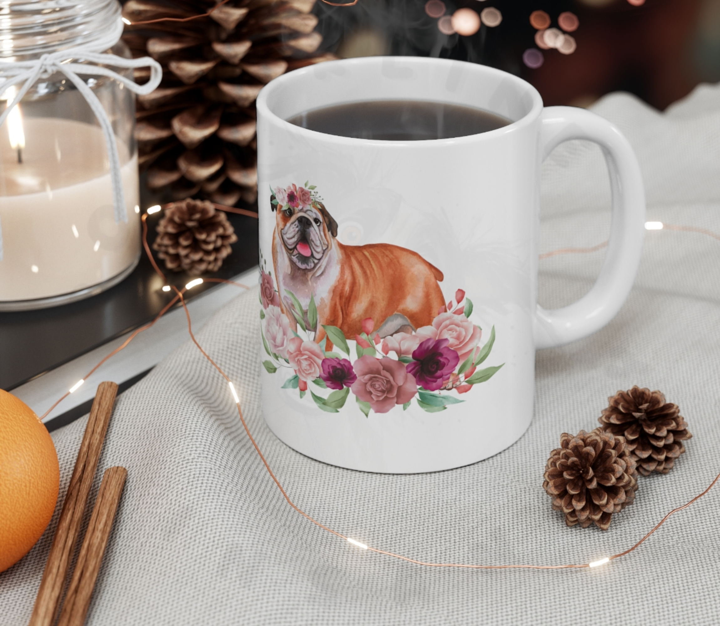English bulldog in flowers mug in front of a christmas background