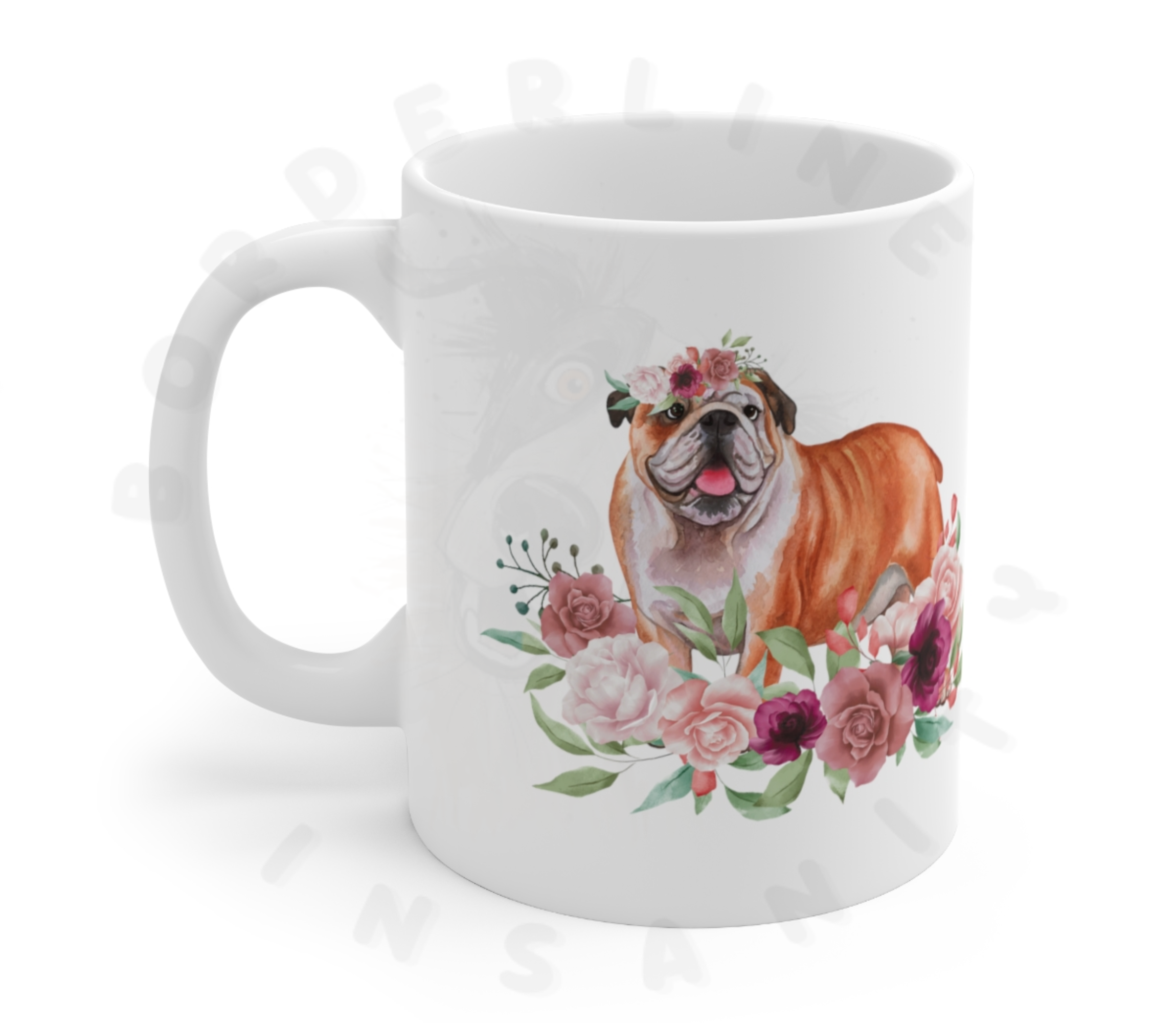 English bulldog in flowers mug in front of a white background
