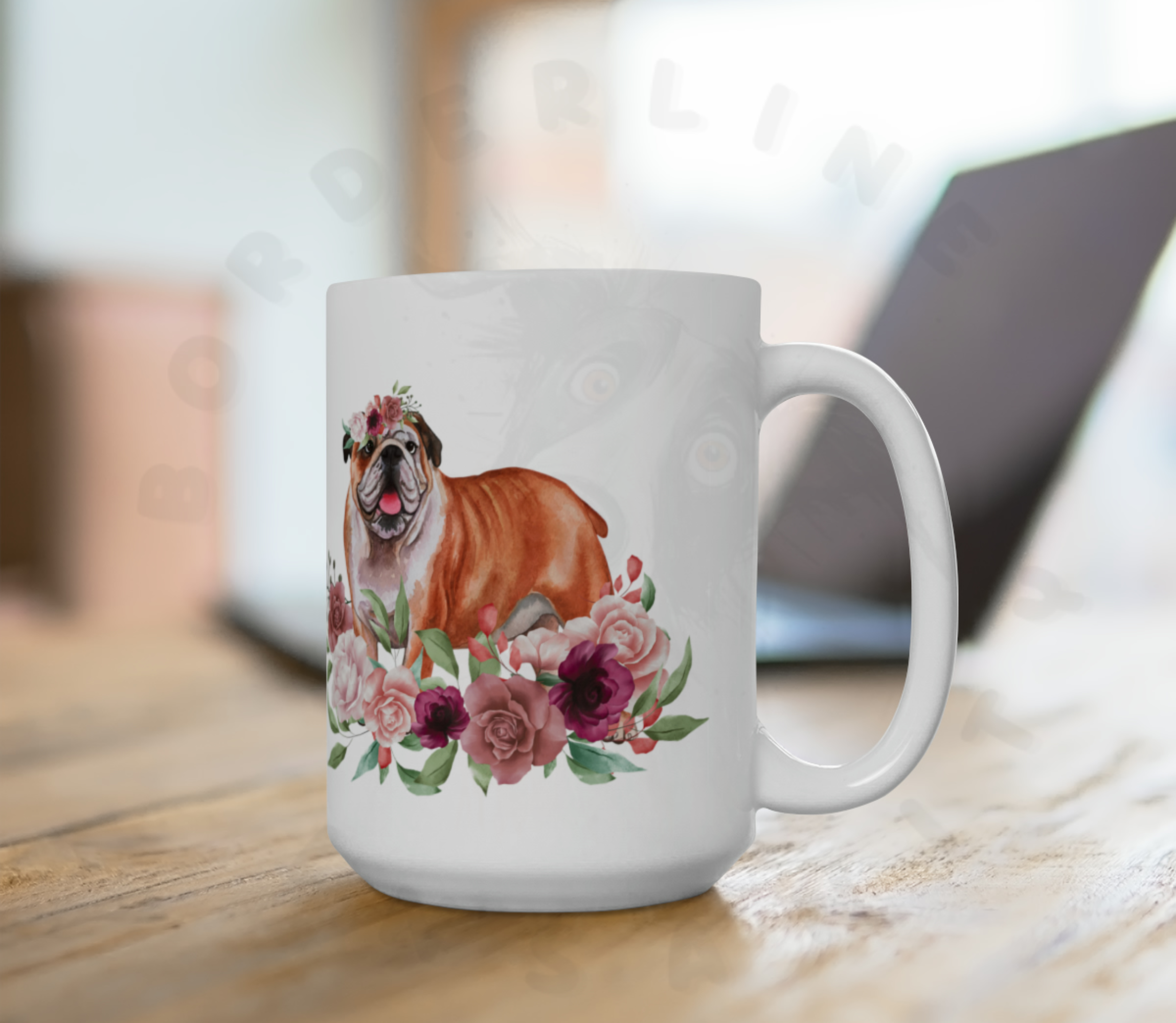 English bulldog in flowers mug on a desk
