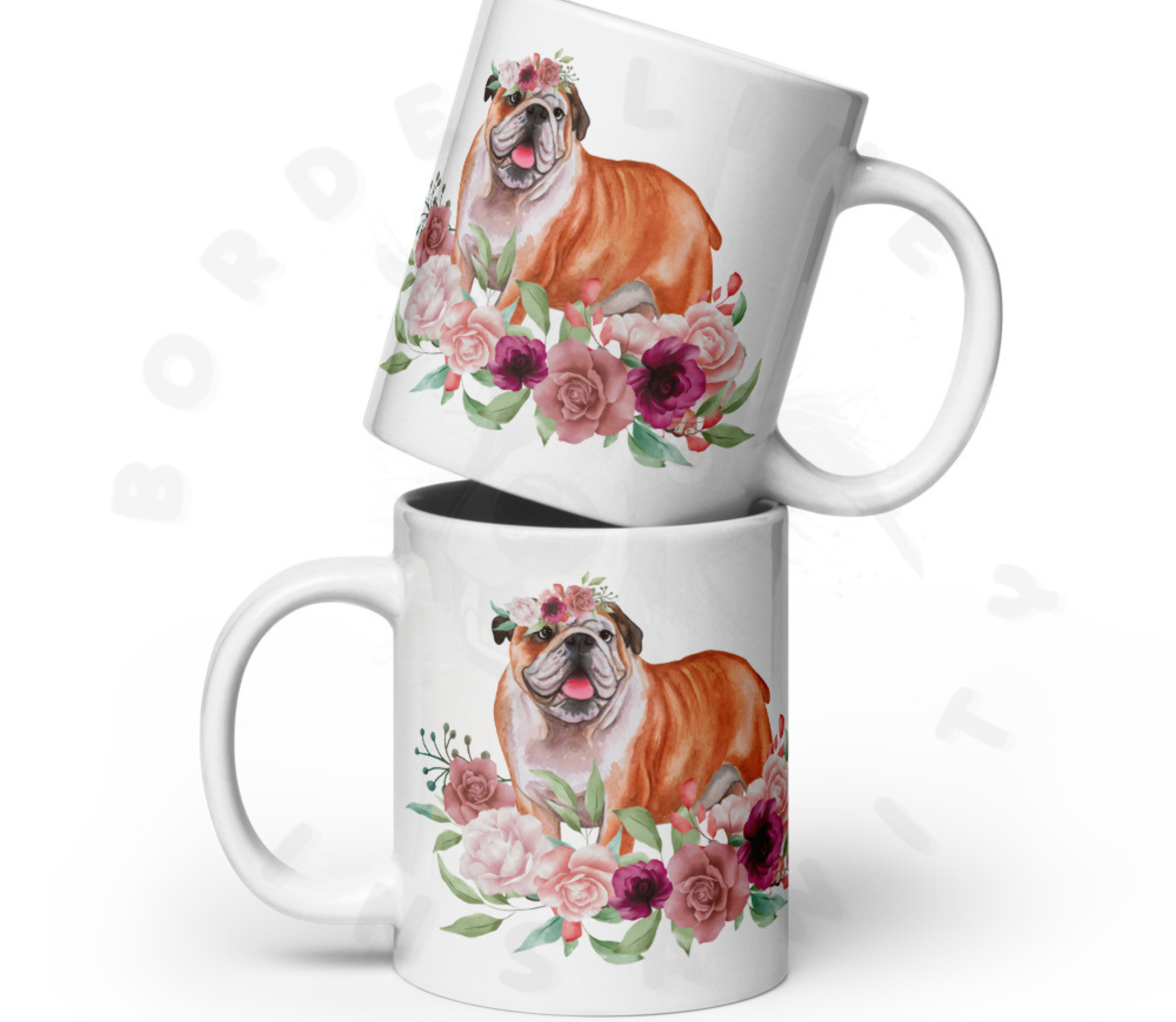 english bulldog in flowers mugs stacked on top of each other