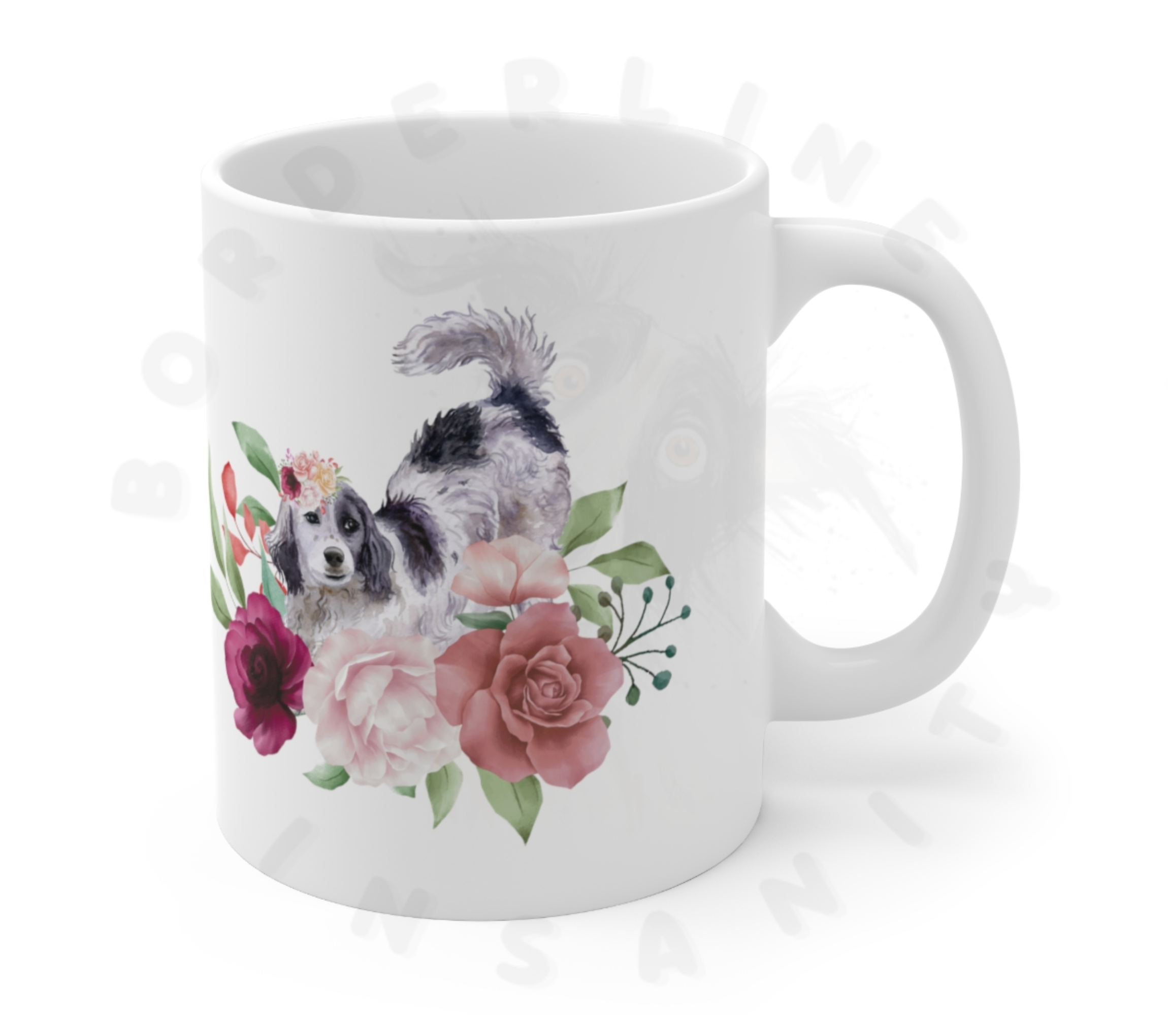 english setter floral ceramic mug with pink roses and watercolor flowers on white background