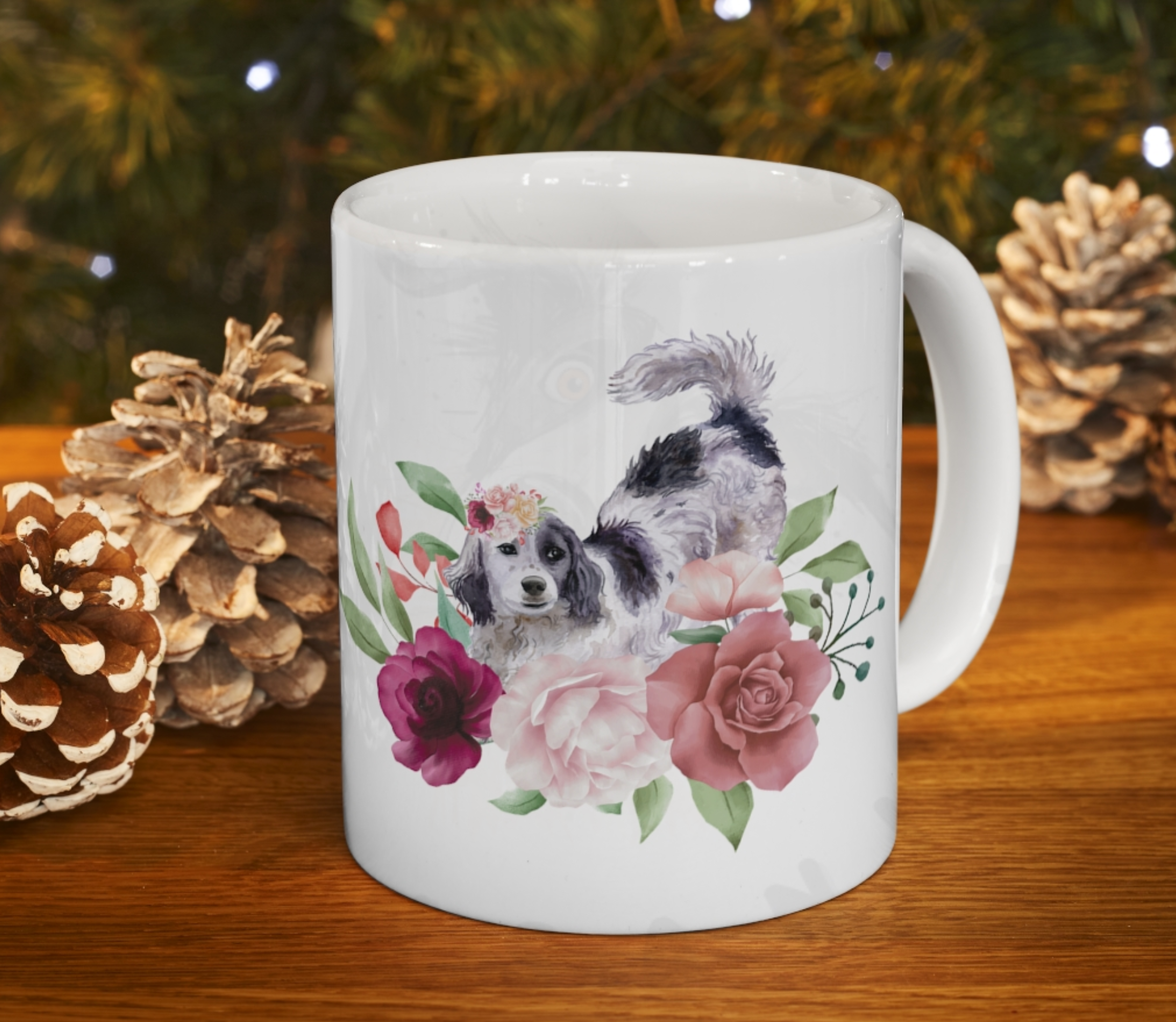 english setter floral ceramic mug with pink roses and watercolor flowers on christmas background