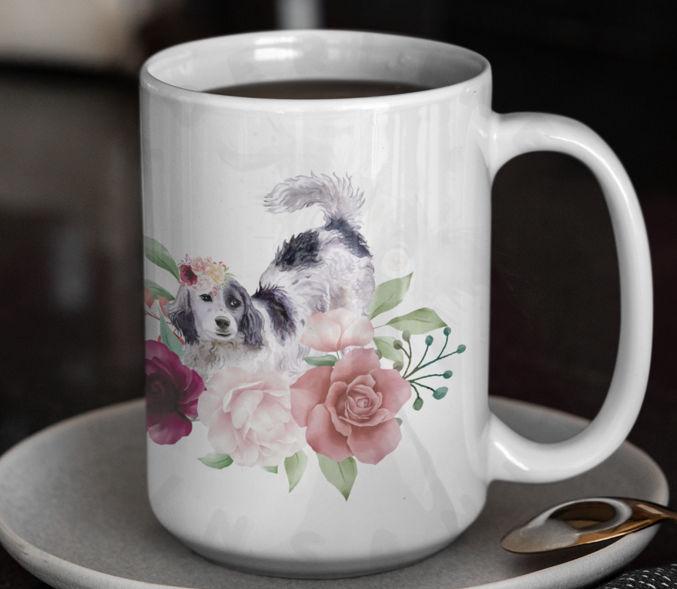 english setter floral ceramic mug with pink roses and watercolor flowers on saucer