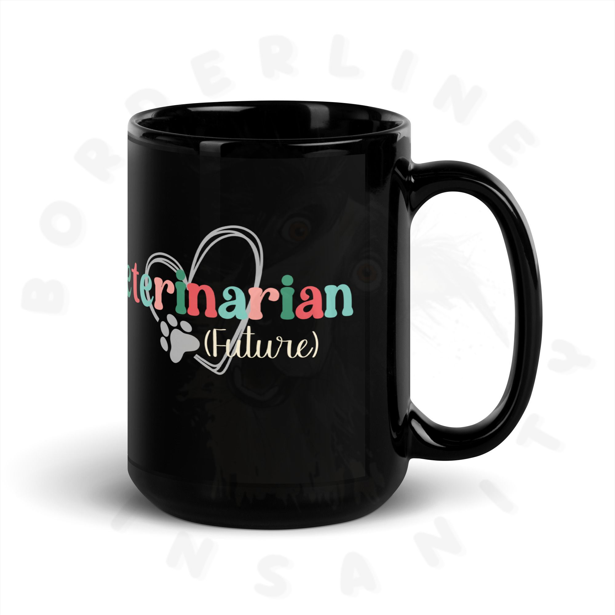 15oz black ceramic future veterinarian mug on a white background