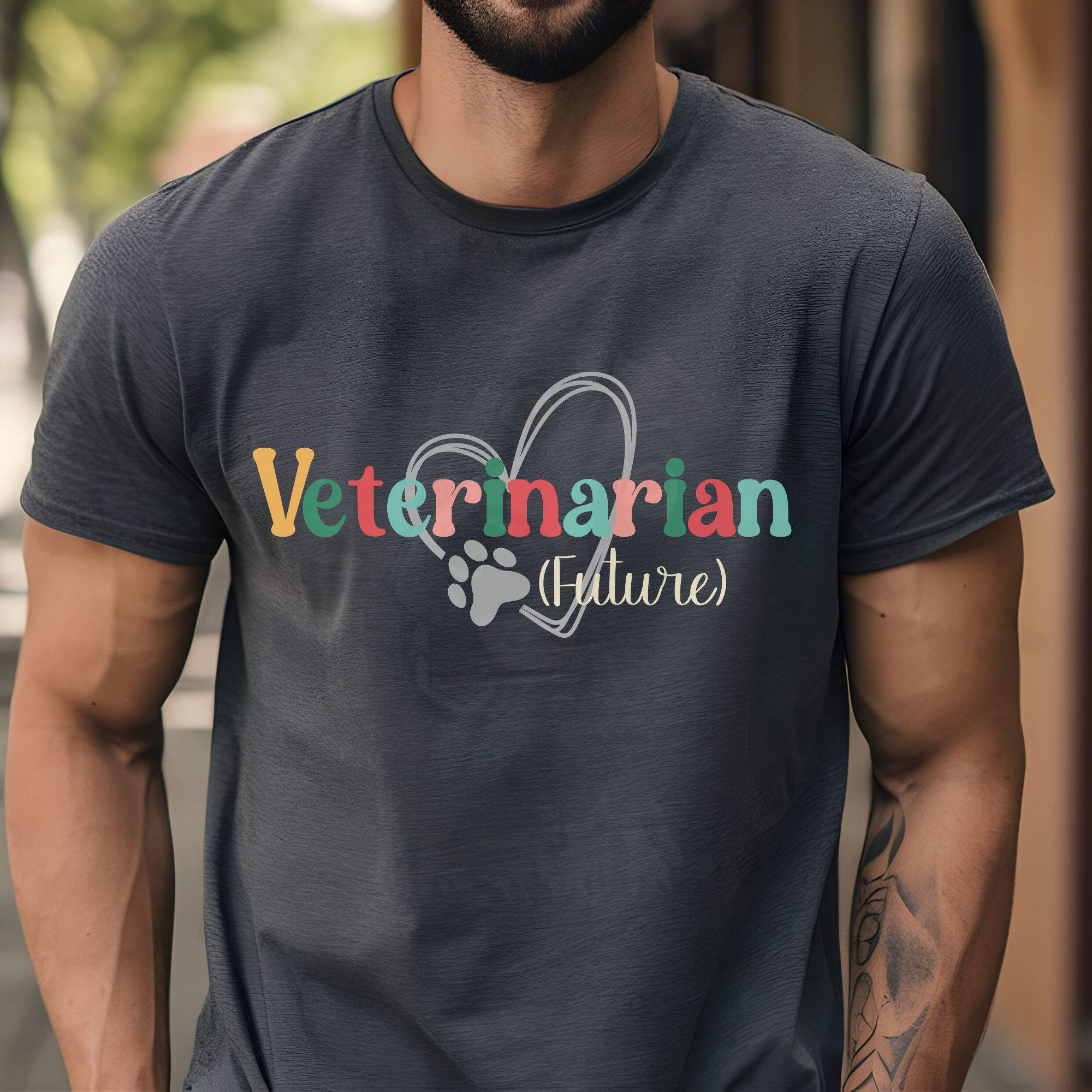 a man standing on a street wearing an asphalt future veterinarian tee with a heart and paw print