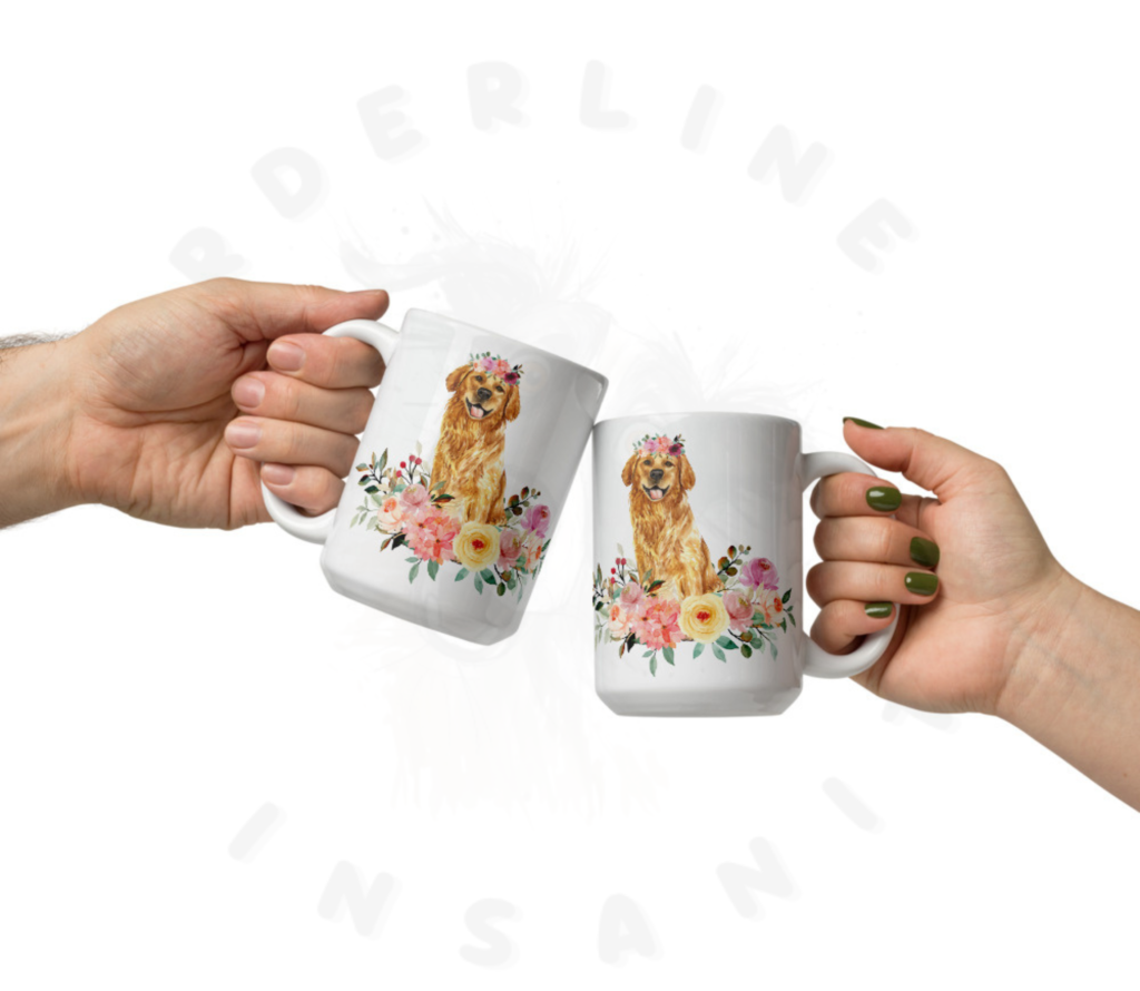 two golden retriever in flowers mugs being 'clinked' together in front of a white background