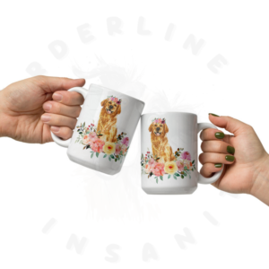 two golden retriever in flowers mugs being 'clinked' together in front of a white background