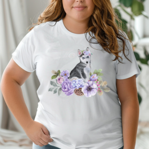 a woman wearing a white husky puppy in flowers tee