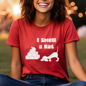 a woman wearing a red i smell a rat tee with a sniffing dog silhouette, straw bales, and a rat