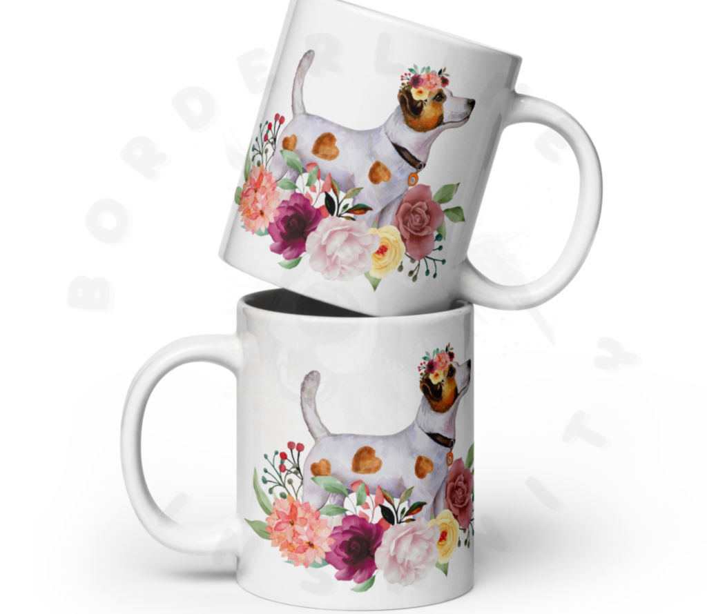 Jack Russell Terrier floral ceramic mugs with pink roses and watercolor flowers stacked on top of each other
