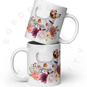 Jack Russell Terrier floral ceramic mugs with pink roses and watercolor flowers stacked on top of each other