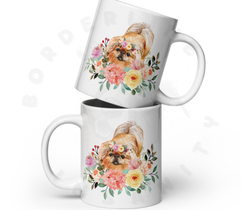 Pekingese floral ceramic mugs with yellow and coral watercolor flowers stacked on top of each other