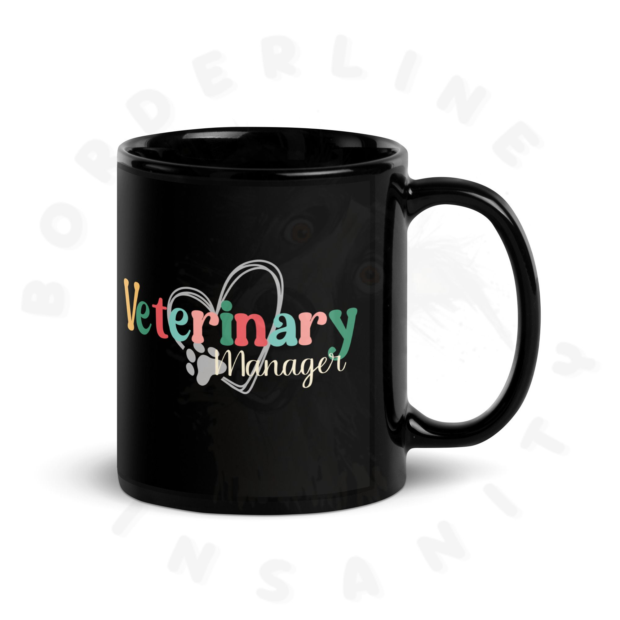 11oz black ceramic veterinary manager mug on a white background