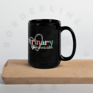 15oz black ceramic veterinary technician mug on a cutting board