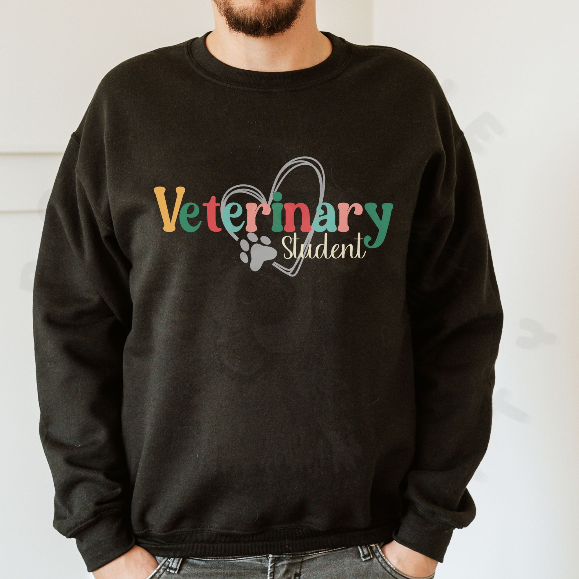 a man in front of a white background wearing a black sweatshirt with a colorful veterinary student design with a heart and pawprint