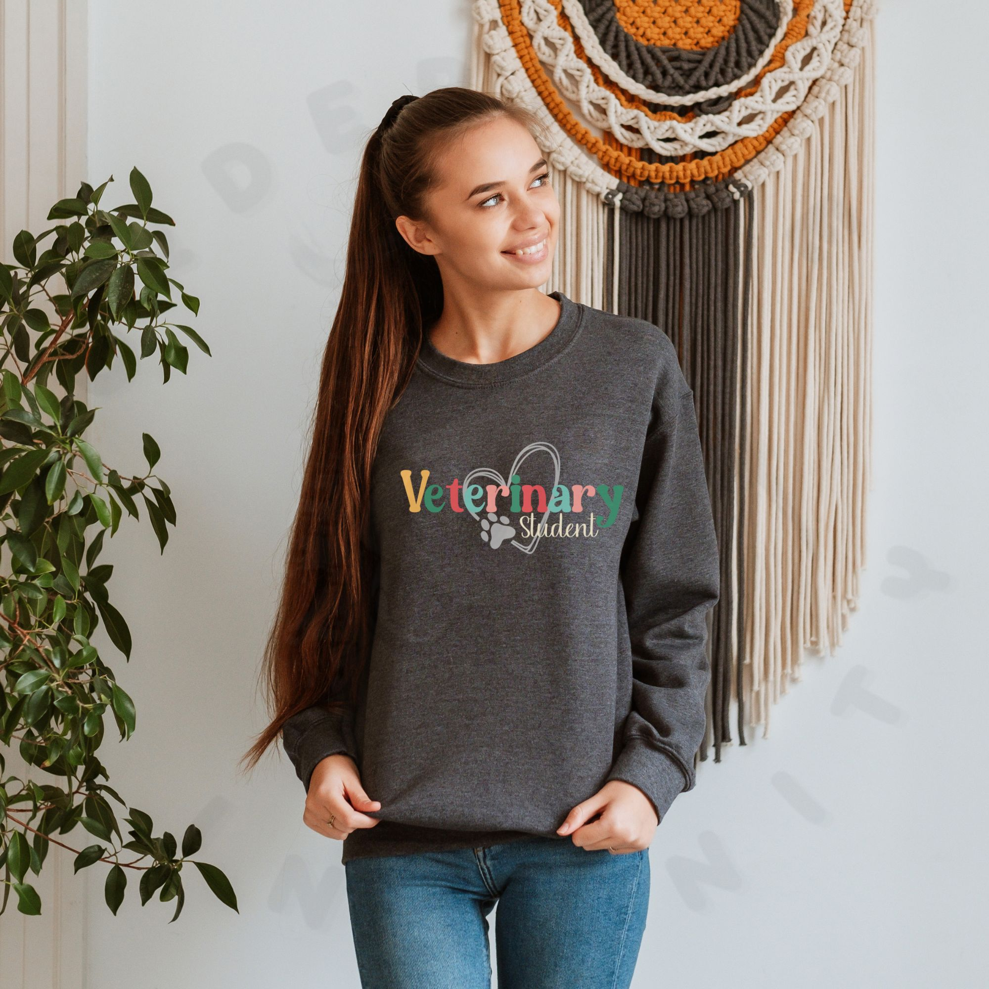 a woman standing in front of a boho background wearing a dark gray heather sweatshirt with a colorful veterinary student design with a heart and pawprint