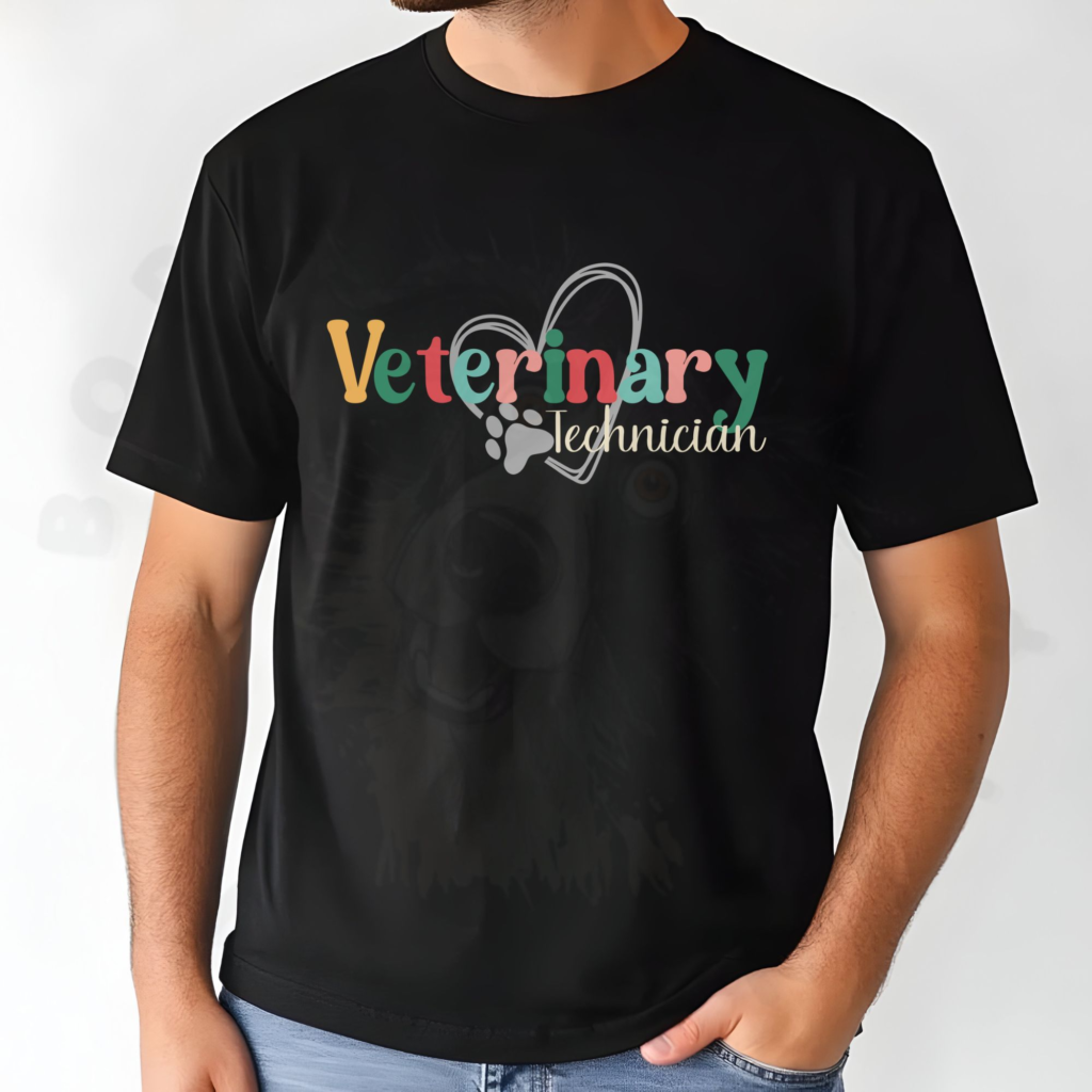 man standing in front of a white background wearing a black veterinary technician tee with a heart and pawprint