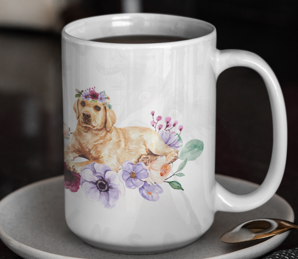 Yellow lab floral ceramic mug with lilac and burgundy flowers on a saucer