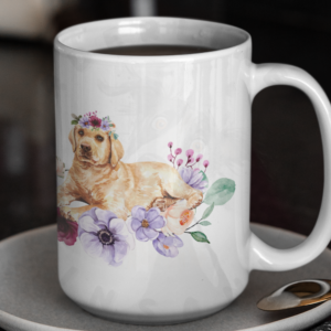 Yellow lab floral ceramic mug with lilac and burgundy flowers on a saucer