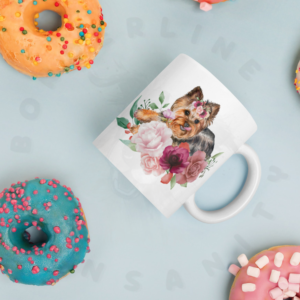 Yorkshire Terrier floral ceramic mug with pink roses and watercolor flowers lying among donuts